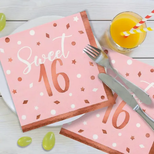 Vista 6 de Paquete de decoración de fiesta Sweet 16 en oro rosa y rosa: Set de suministros para fiestas con platos de papel, servilletas, vasos, mantel