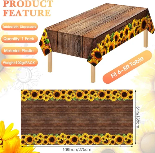 Vista 2 de Tegeme 1 mantel rústico de plástico con grano de madera de girasol, estilo vintage, rectangular, mantel para mesa de comedor, cocina, fiesta