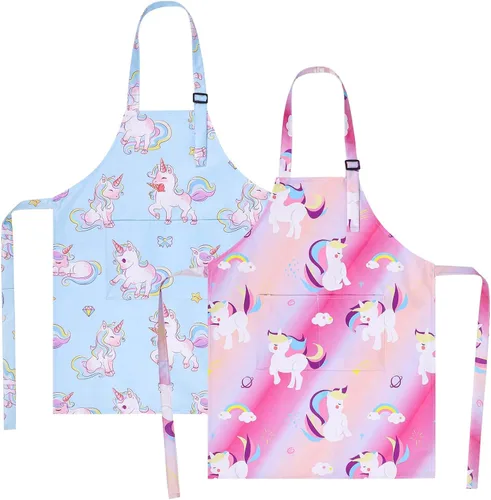 Vista 11 de Paquete de 2 delantales para niños, bonitos delantales de cocina, delantal de arte impermeable con bolsillos, delantal ajustable para pintores