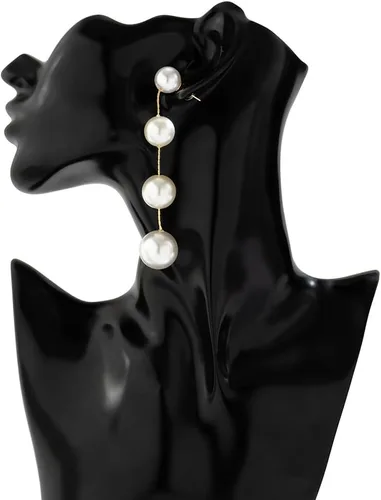 Vista 3 de Wiwpar Aretes largos de perlas colgantes de oro con borla de cadena de perlas blancas para mujeres y niñas
