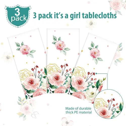 Vista 4 de Pajean Paquete de 3 manteles florales para baby shower, decoración con texto en inglés "It's a Girl", manteles de fiesta de baby shower, manteles