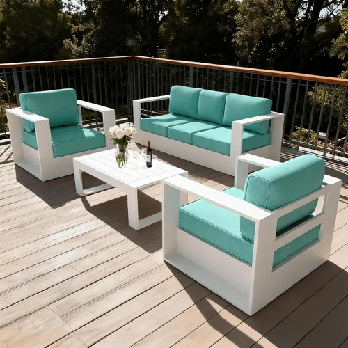 Vista 37 de LayinSun - Juego de muebles de exterior de aluminio de gran tamaño de 5 piezas con mesa auxiliar Negro/Gris oscuro