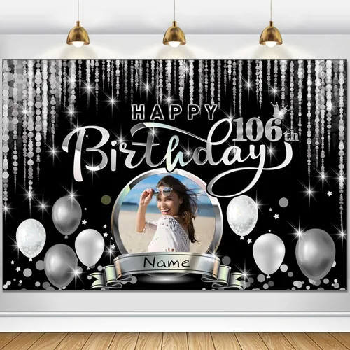 Vista 112 de Cartel de decoración de feliz cumpleaños número 100 personalizado - Personalización disponible - Negro y plateado - Tamaño grande - Admite fotos