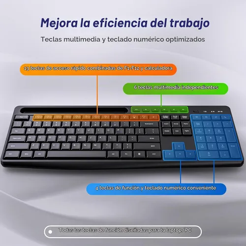 Vista 2 de Combo de teclado y mouse inalámbricos, teclado inalámbrico silencioso Acebaff 2.4G con soporte para tableta de teléfono, mouse silencioso, 11 teclas