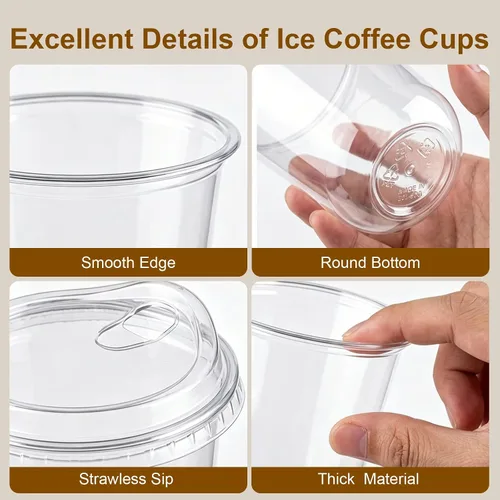 Vista 4 de Paquete de 50 vasos de plástico transparente de 12 onzas con tapas para sorber, tazas de café helado desechables gruesas para llevar bebidas frías