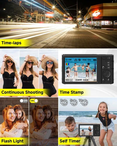Vista 4 de Cámara digital 4K para adolescentes con enfoque automático de zoom de 16X, pequeña cámara portátil compacta para apuntar y disparar