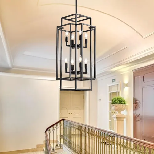 Vista 8 de Candelabro Negro de Granja, Candelabros Grandes para Techos Altos, Lámpara Colgante de Linterna Escalonada de 8 Luces, Accesorios de Iluminación