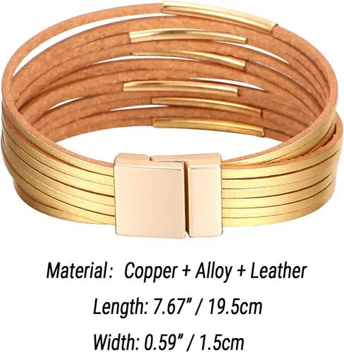 Vista 4 de Fesciory - Pulseras envolventes de cuero para mujer, brazalete de cuentas de cristal de leopardo, bohemia, multicapa