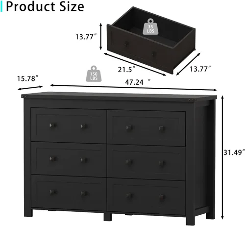 Vista 2 de Wodeer - Cómoda moderna, 6 cajones, negro, asas de metal, almacenamiento de clóset, organizador