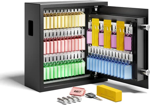 Vista 8 de KornerBatl Caja de bloqueo de llave de 65 posiciones con código, soporte de pared electrónico resistente para llaves con ranura de depósito y luz