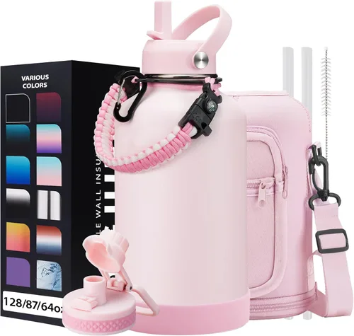 Vista 45 de Botella de agua aislada de 1 galón, con popote y tapa de pico automático, mango de paracord, funda para botella, botella de agua de acero inoxidable