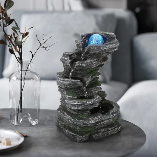 Vista 2 de WICHEMI Fuente de agua de mesa, fuente de agua para interiores con bola rodante LED, rocas apiladas, función de agua, meditación zen para decoración