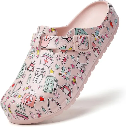 Vista 14 de Zuecos de enfermera estampados para mujer: zuecos de jardín sin cordones, impermeables, ligeros, duraderos, antideslizantes, cómodos para turnos