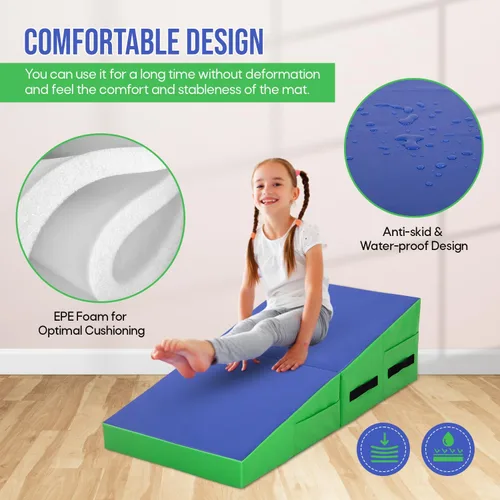 Vista 5 de Colchoneta de gimnasia inclinada, esterilla de yoga para gimnasio en casa, alfombrilla de ejercicio plegable con superficie de poliuretano Azul