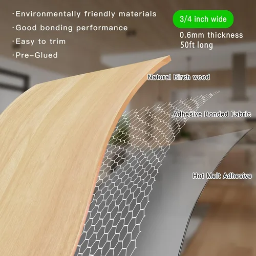 Vista 2 de YANYE Bandas de borde de abedul, rollo de 3/4 pulgadas x 50 pies de chapa de madera real bandas de borde pre-pegadas flexibles, bandas de cinta