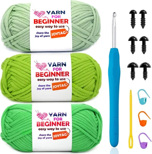 Vista 55 de Hilo de Ganchillo para Principiantes Verde Manzana Hilo de Algodón para Tejer y Tejido - Kit de Ganchillo para Principiantes - 3 * 50g