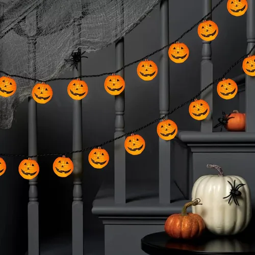 Vista 5 de Luces de calabaza de Halloween para exteriores, 2.6 m enchufables, luces de cadena naranjas para decoración de Halloween con 10 luces LED de Jack O