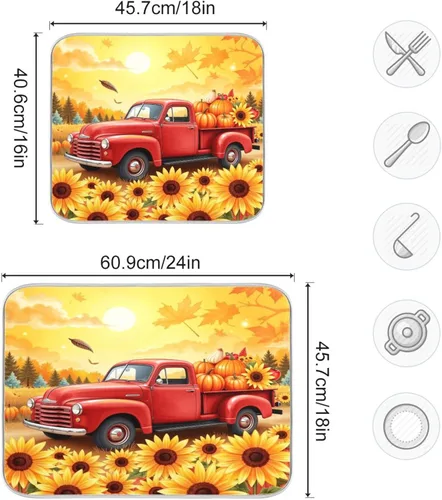 Vista 3 de Tapete de secado de platos de camión de otoño de 16 x 18 pulgadas, hojas de otoño, calabaza, girasol, almohadilla de secado de platos, protector