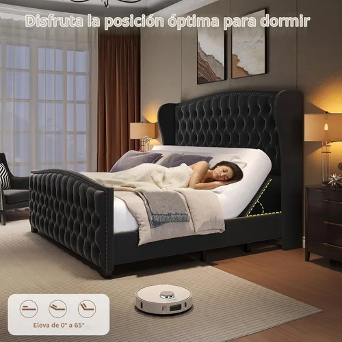 Vista 4 de LUXOAK Base de cama ajustable tamaño Queen con cabecero copetudo y respaldo de ala, base de cama ajustable inteligente con doble motor y control