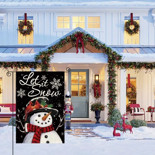 Vista 4 de AVOIN colorlife Deje que nieve muñeco de nieve copo de nieve bandera de Navidad de jardín 12x18 pulgadas de doble cara, bandera decorativa de granja