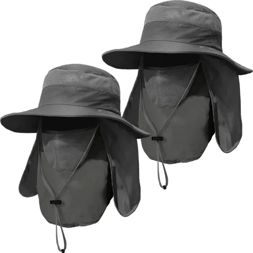 Vista 10 de Sombrero de pesca de ala ancha para hombre, 2 piezas, protección solar UPF 50+, extraíble, solapa para cara y cuello