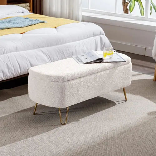 Vista 10 de TTK Otomana con almacenamiento para dormitorio, moderno banco otomano de piel sintética con patas de metal dorado, banco de entrada largo de sherpa