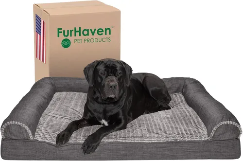 Vista 29 de Furhaven Sofá cama ortopédico para perro, sofá de espuma viscoelástica con refuerzos, felpa texturizada y funda resistente al agua, funda lavable