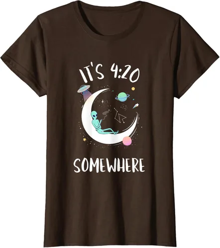 Vista 15 de Funny Weed Joint Smoking Moon Alien It's 4:20 Somewhere Camiseta, Negro, S