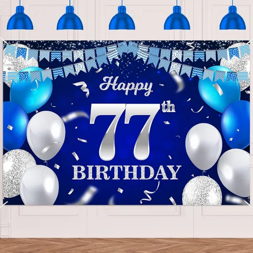 Vista 76 de Bandera de feliz primer cumpleaños con fondo azul marino, globos, confeti, bandera de rayas, luces de puntos, felicitaciones por el tema de 1 año