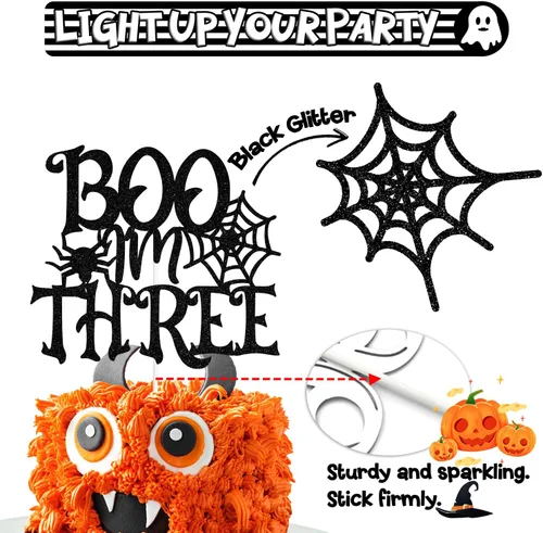 Vista 3 de Decoración negra con purpurina «I'm Three Cake Top», feliz 3er cumpleaños/Baby Boo, decoración de fiesta de baby shower con temática de Halloween