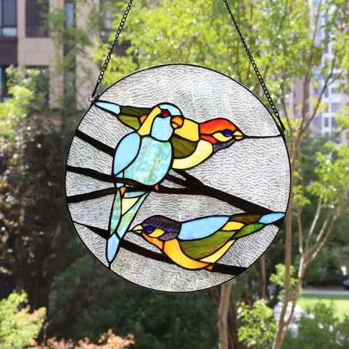 Vista 4 de Bieye W10044 Parrots on Branches Tiffany Style - Panel colgante de vitral con cadena, forma redonda de 16 pulgadas de ancho, color azul