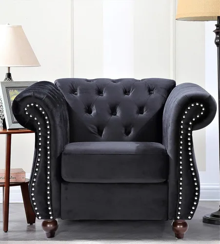 Vista 4 de Container Furniture Direct Feinstein - Sofá de terciopelo moderno Chesterfield para sala de estar con cabezas de clavos, acolchado de diamante
