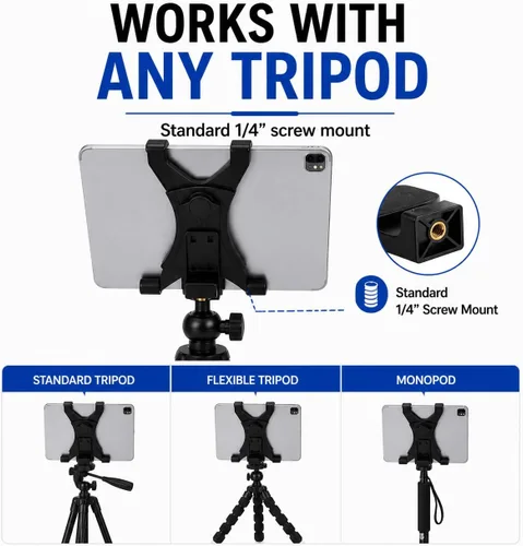 Vista 6 de Acuvar Soporte universal de trípode para tableta, adaptador de soporte ajustable para iPad, Samsung Galaxy Tab y Surface, se adapta a tabletas de 8