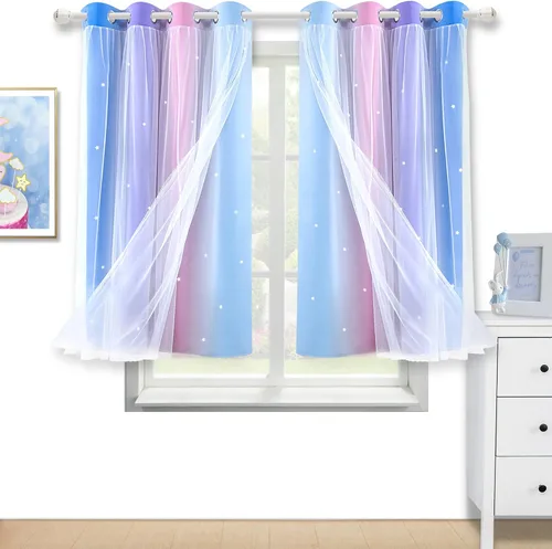 Vista 10 de Cortinas opacas con recorte de estrellas y arcoíris para guardería/habitación de niños/niñas, con superposición de tul, 2 paneles, cada una de 52