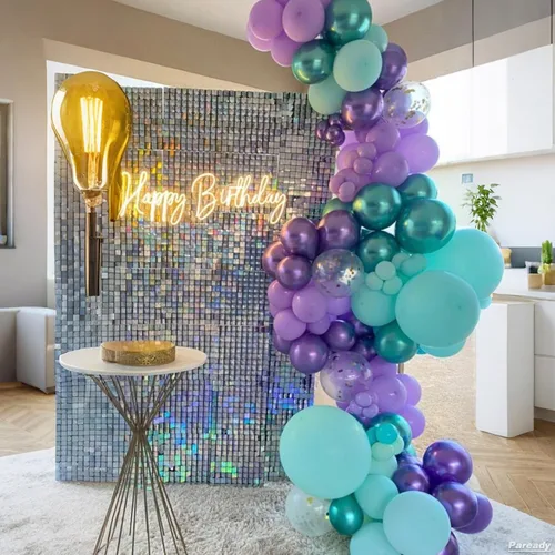 Vista 6 de Kit de arco de globos de sirena, 120 piezas kit de arco de guirnalda de globos azules y morados con globos plateados de aluminio 4D, verde azulado