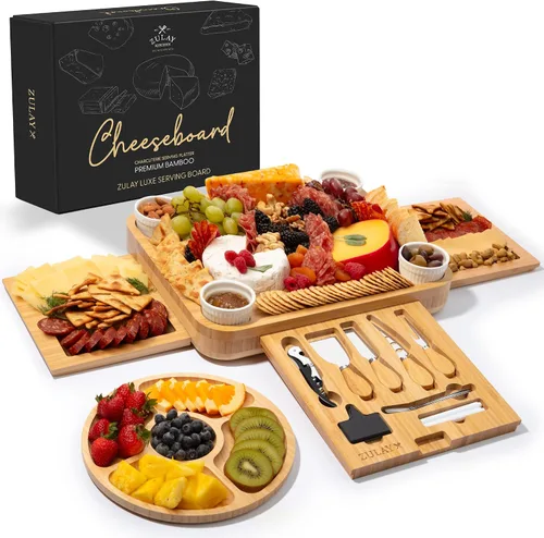 Vista 12 de Zulay Kitchen Juego de tablas de queso de bambú de alta calidad, juego de tablas de embutidos de bambú extra gruesas con juego de 4 cuchillos, tabla