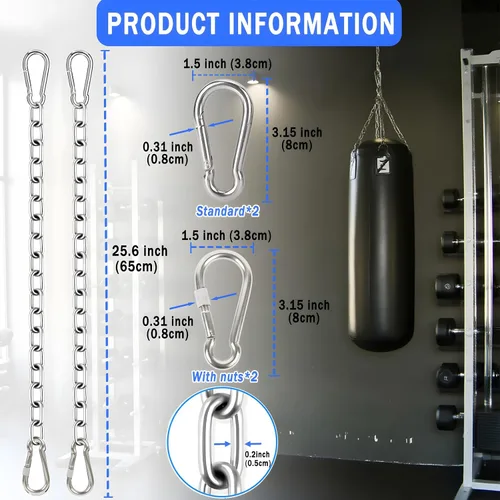 Vista 2 de Cadenas de acero inoxidable resistente, cadena de saco de boxeo pesado con 2 mosquetones, kit de herramientas de hamaca de capacidad de 550 libras