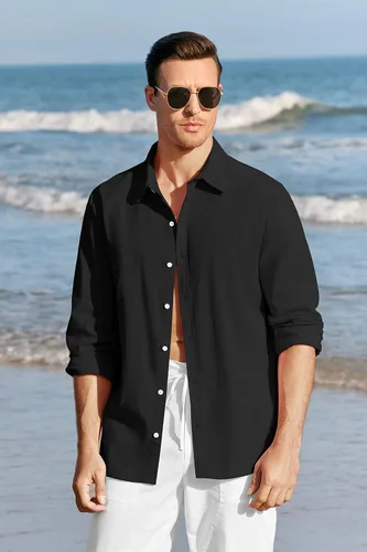 Vista 4 de Camisas de manga larga con botones para hombre, de lino, para playa, casuales, de algodón, ligeras, para verano