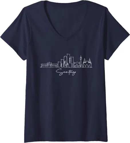 Vista 3 de Camiseta con cuello en V City Skyline Santiago Chile para mujer, Negro