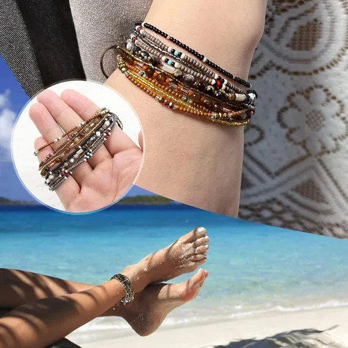 Vista 6 de YOUQIANREN Tobilleras bohemias para mujer, tobilleras bohemias ajustables para niñas, hechas a mano, 2 pulseras de playa trenzadas