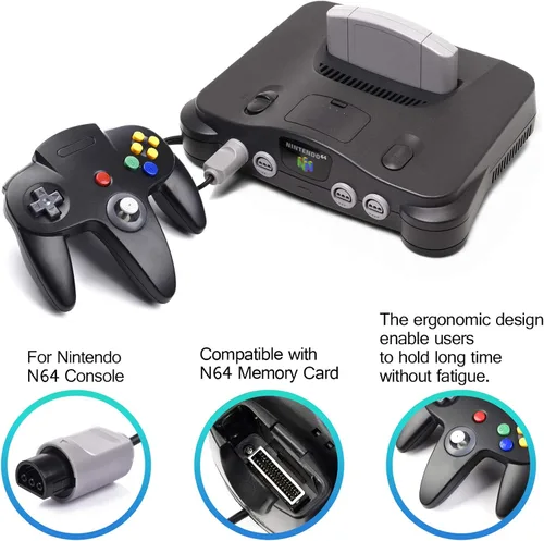Vista 3 de Paquete de 2 controladores clásicos N64 (negro) con 2 cables de extensión de controlador N64 de 6 pies