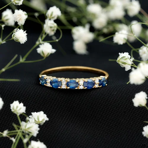 Vista 12 de Natural Blue Sapphire Diamond Wedding Band, AAA Quality, Blue Sapphire East West Ring For Women - Ideal For Gift