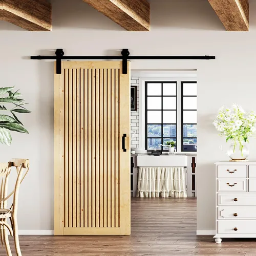 Vista 15 de BARNER HOME Puerta de granero de madera de pino de 30 x 84 pulgadas, puerta corredera decorativa de 1 lite, con kit de herramientas incluido Puerta