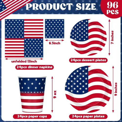 Vista 2 de 96 Pcs 4th of July Party Supplies Set, 250th Anniversary American Flag Patriotic Plates Napkins Cups, Disposable Red White Blue Star and Striped