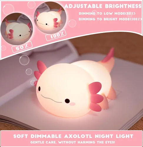 Vista 3 de HAPPYBAG Luz Nocturna de Axolotl, Lámpara de Axolotl Bonita Regalos para Niños, Luz Nocturna de Guardería de Animal de Silicona Regulable, Lámpara