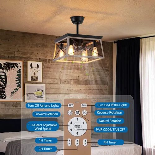 Vista 7 de Dalouguan Ventilador de techo enjaulado con luz, ventilador de techo sin aspas de 4 luces con luces y control remoto, ventilador de techo rústico