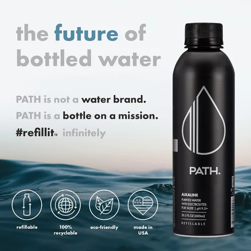 Vista 2 de PATH Agua alcalina embotellada – 9.5 pH equilibrado agua purificada con electrolitos en botella de aluminio – sin BPA, reutilizable, infinitamente