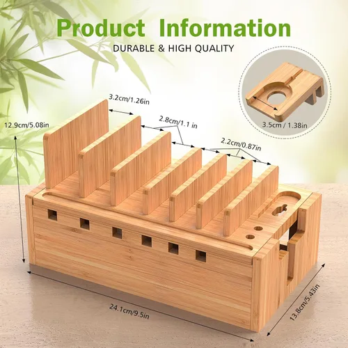 Vista 8 de Estación de carga de bambú Pezin & Hulin con 5 puertos USB y 5 cables All-in-One, 5-Port USB HUB Included, 8-Device Organizer, Natural Bamboo, #1
