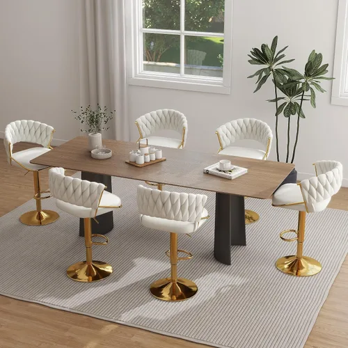 Vista 17 de Juego de 2 taburetes de bar giratorios de 360° con respaldo alto, silla de bar de terciopelo ajustable moderna de altura de mostrador, taburete
