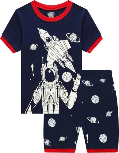 Vista 14 de Popshion Pijamas cortas de 2 piezas para niños pequeños, ropa de dormir de tiburón de tren, 100% algodón, pijamas de dinosaurio para niños pequeños